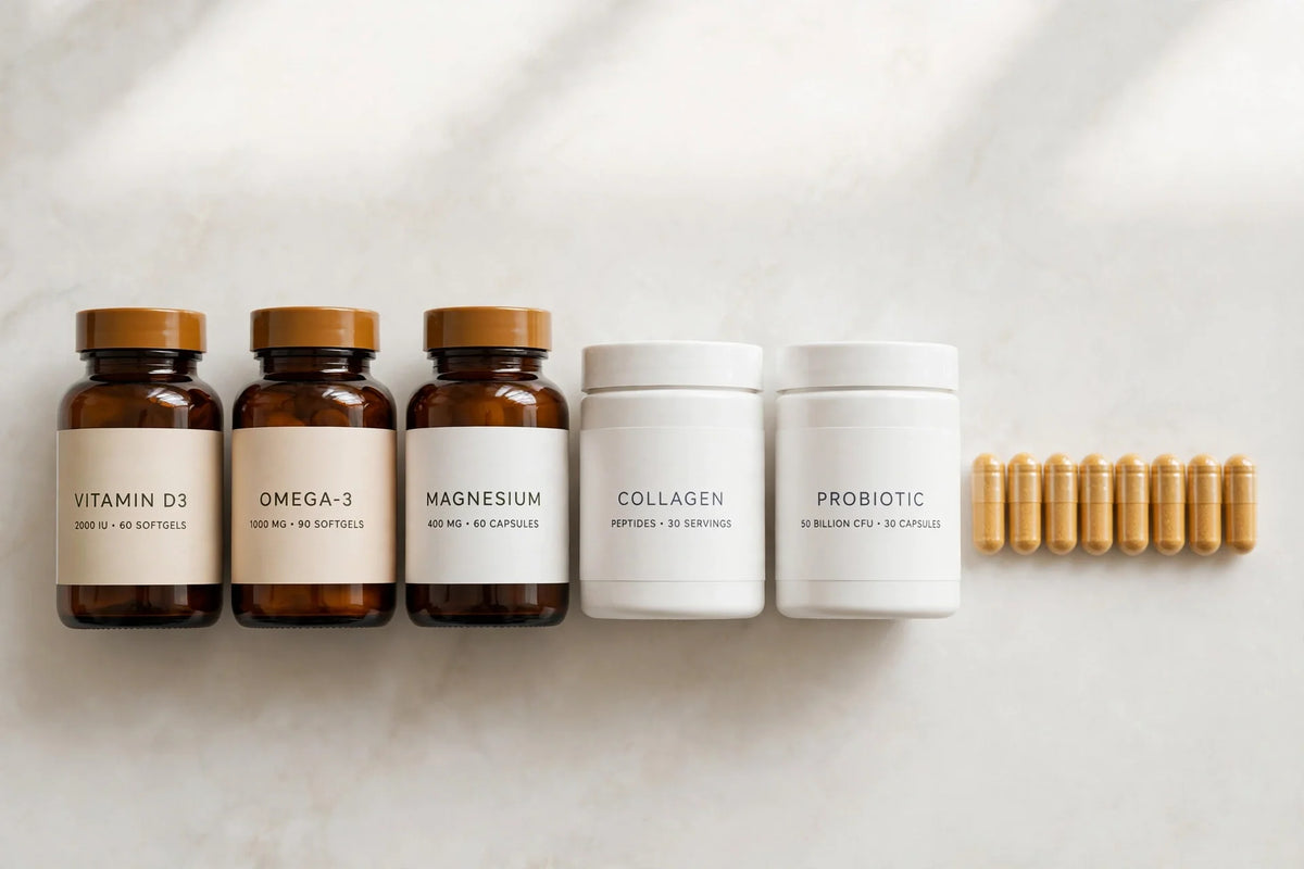 Neatly arranged supplement bottles and capsules - clean wellness flat lay