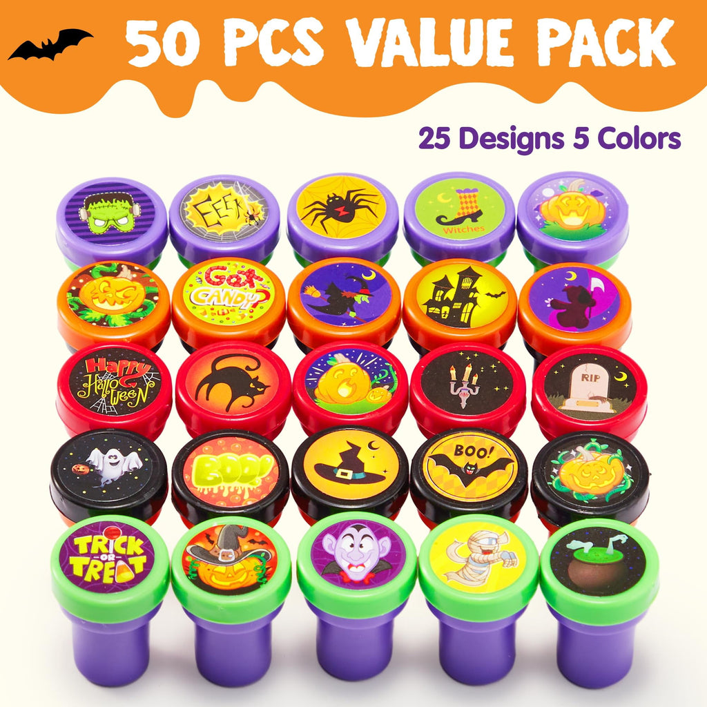 Spook-tacular 50 Piece Halloween Assorted Stamps - Perfect for Kids' Parties and Trick or Treat Goodies!