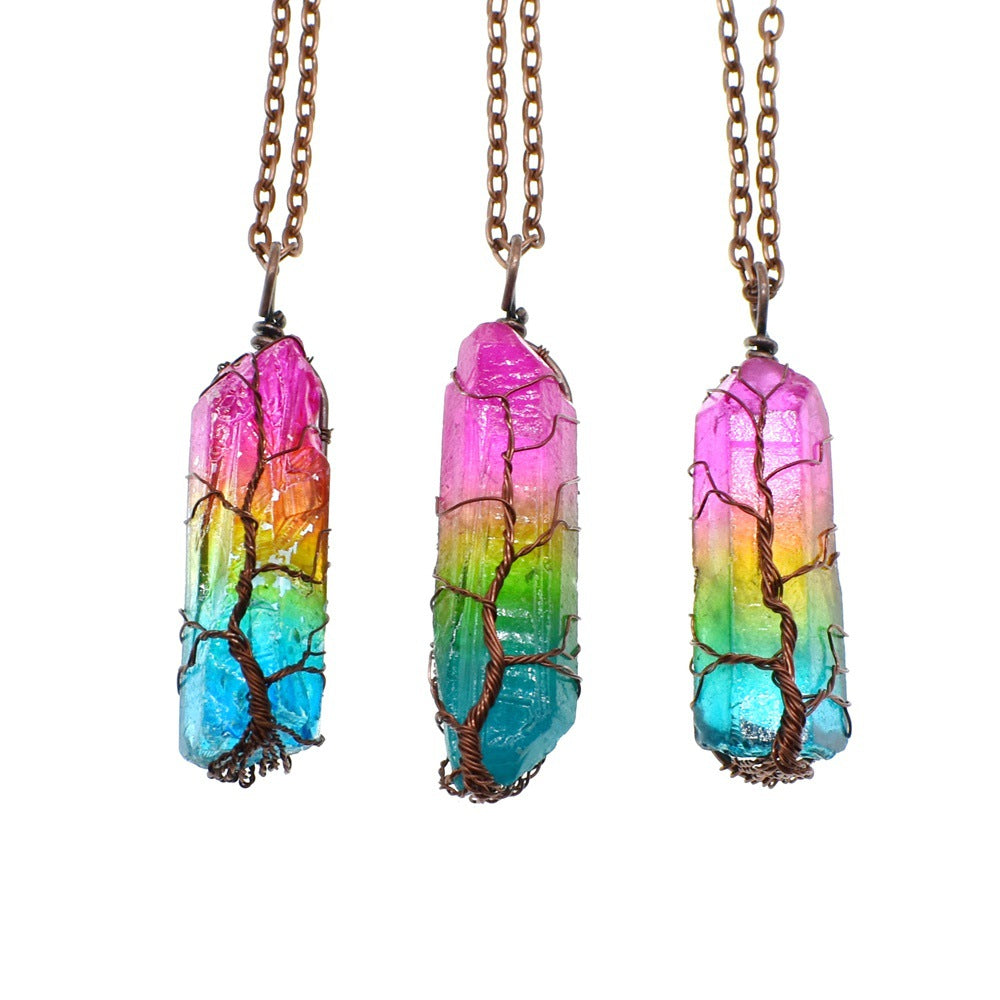 Stone crystal pendant necklace with crystal-column pendant and rainbow-inspired design