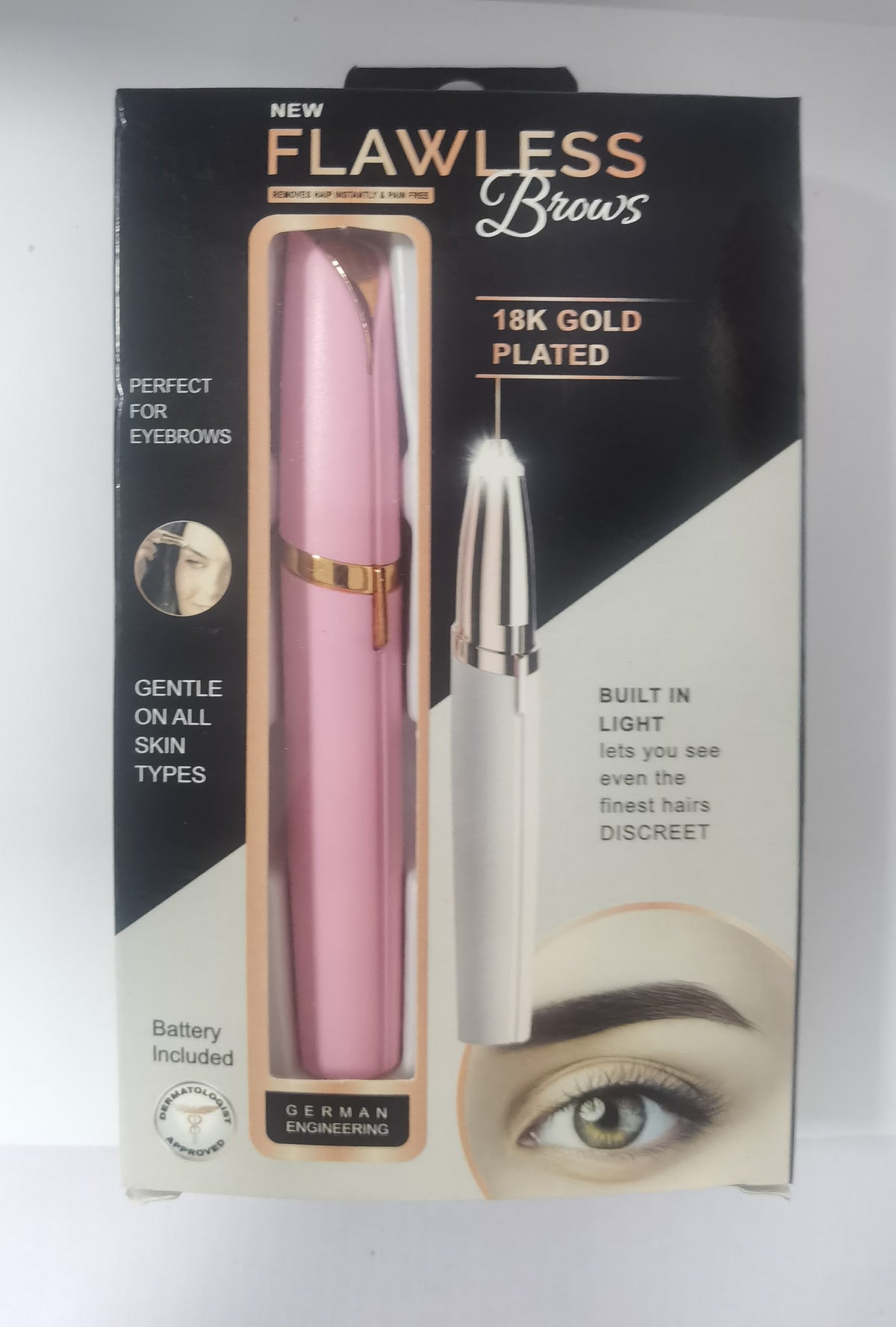 Portable eyebrow trimmer with LED light showing the compact grooming device