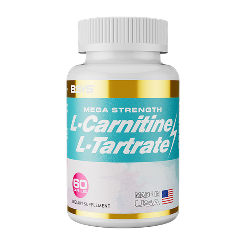 L-Carnitine L-Tartrate Capsules bottle with 60 capsules, mega strength dietary supplement, made in USA.