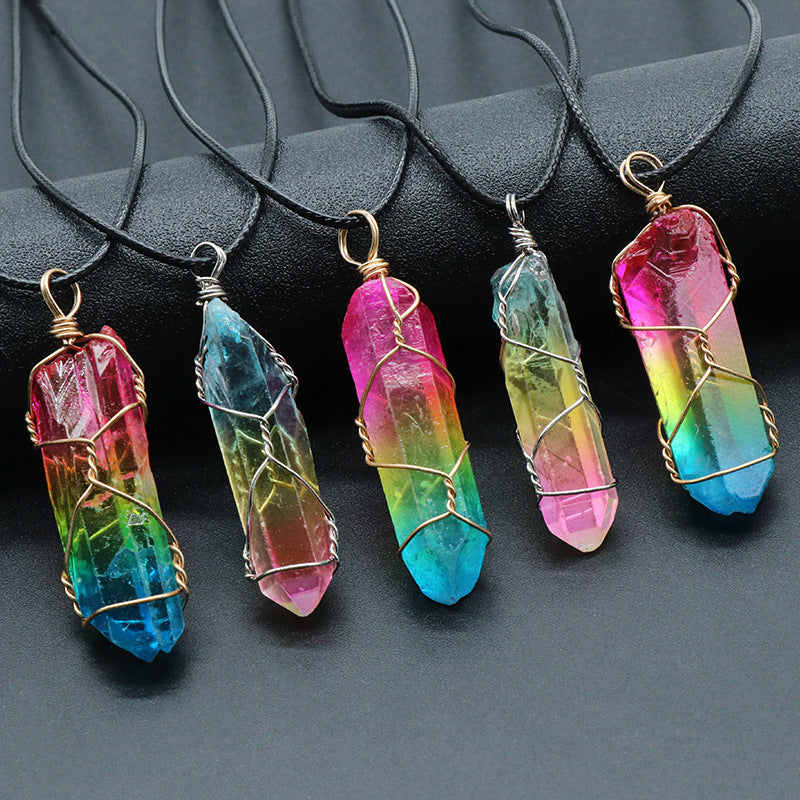 Stone crystal pendant necklace with crystal-column pendant and rainbow-inspired design