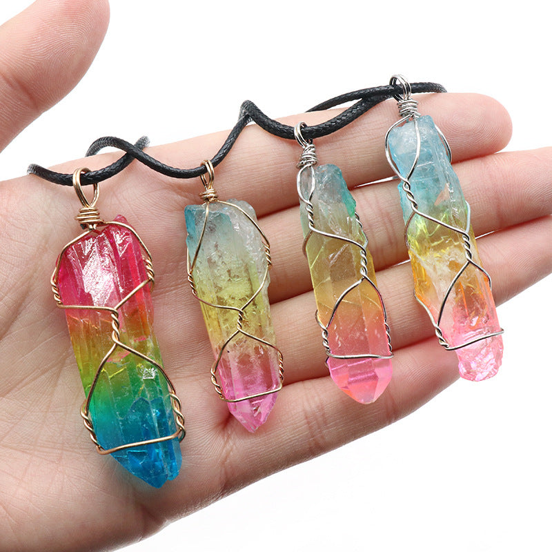 Stone crystal pendant necklace with crystal-column pendant and rainbow-inspired design