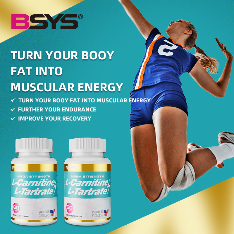 Image of L-Carnitine L-Tartrate Capsules showing benefits like energy conversion and endurance improvement.