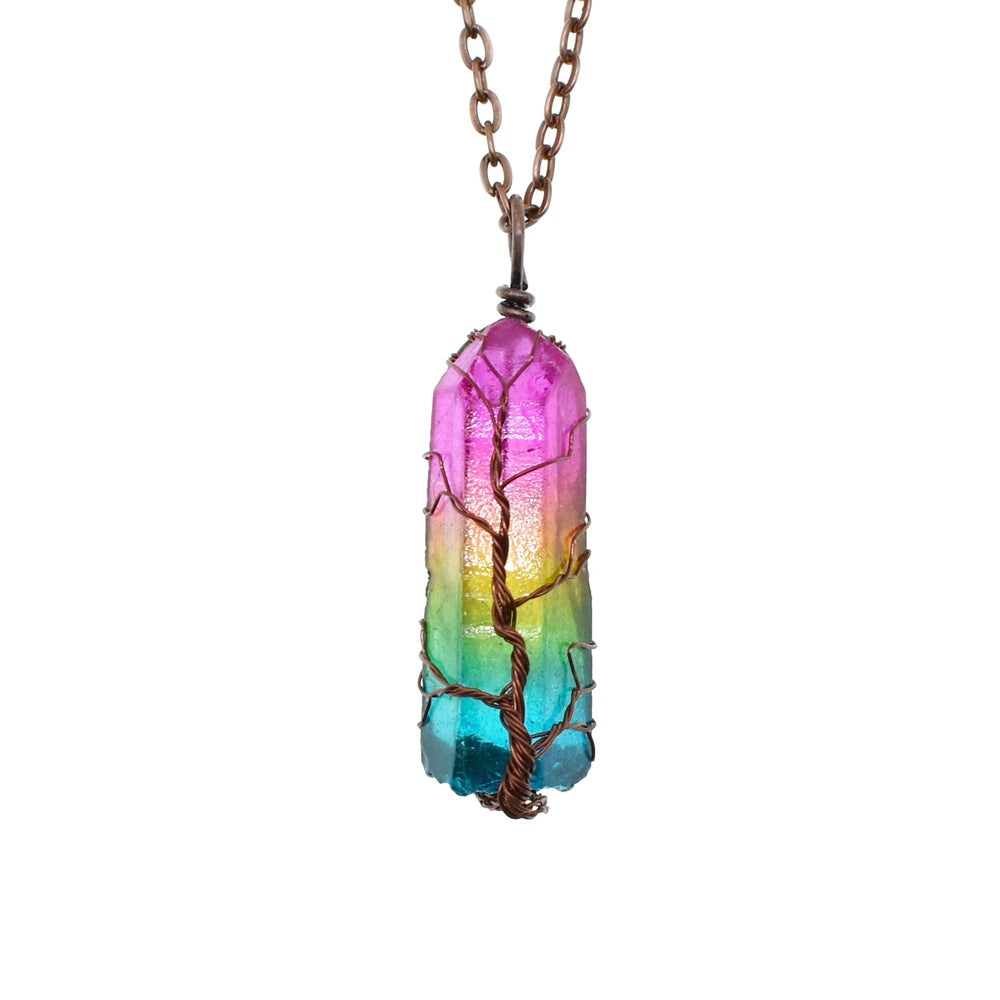 Stone crystal pendant necklace with crystal-column pendant and rainbow-inspired design