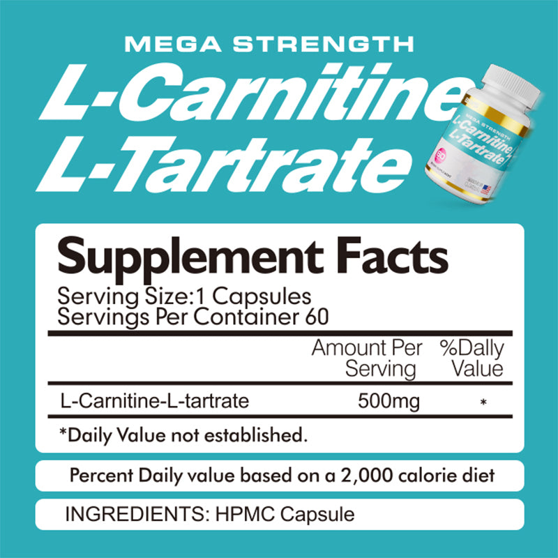 Supplement facts for L-Carnitine L-Tartrate Capsules, detailing serving size and ingredients.