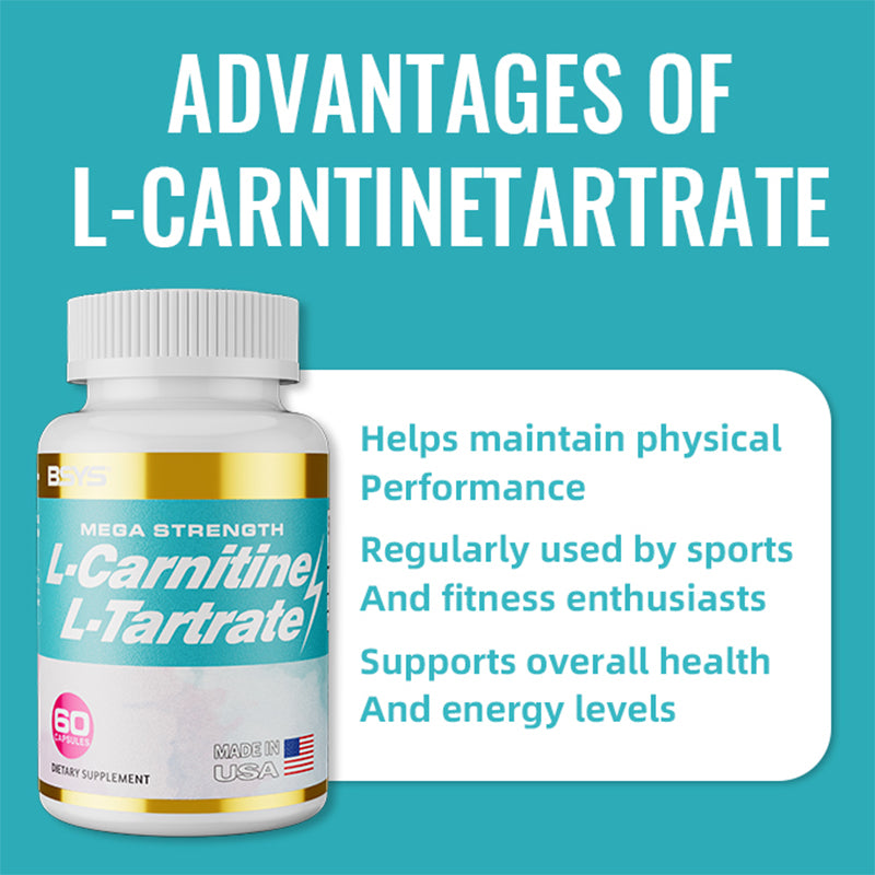 Image of L-Carnitine L-Tartrate Capsules showing benefits like energy conversion and endurance improvement.