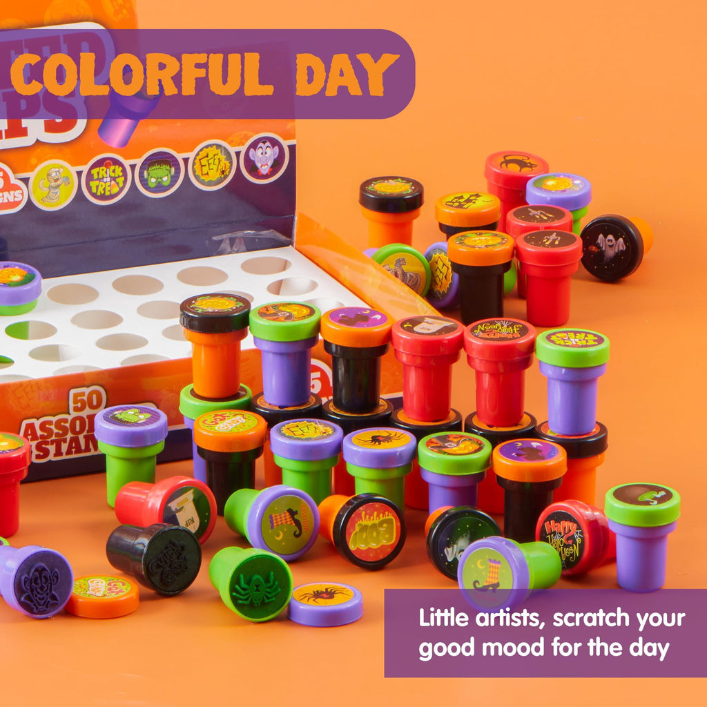 Spook-tacular 50 Piece Halloween Assorted Stamps - Perfect for Kids' Parties and Trick or Treat Goodies!