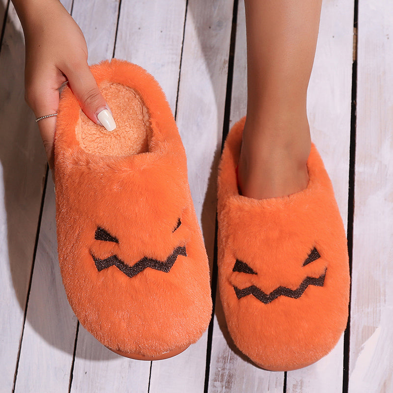 Cute pumpkin slippers for winter with plush lining and coral velvet upper