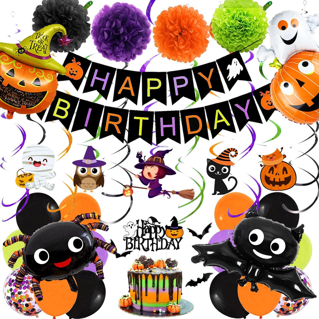 Spooktacular Halloween Birthday Party Decorations Set – Includes Banners, Balloons, and Cake Topper for a Festive Celebration!