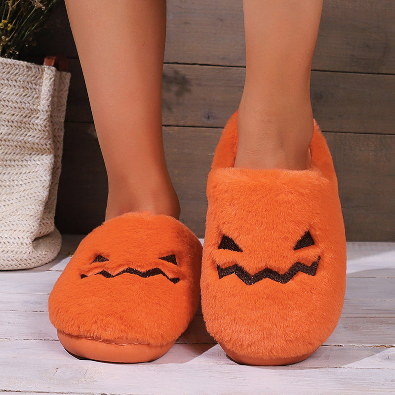 Cute pumpkin slippers for winter with plush lining and coral velvet upper